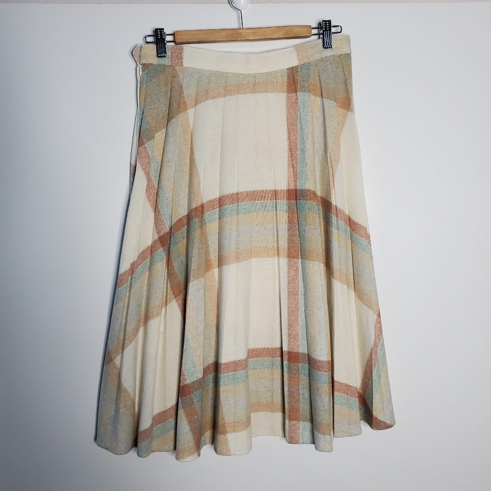 Vintage Wool natural plaid pleated midi skirt ***No size tags